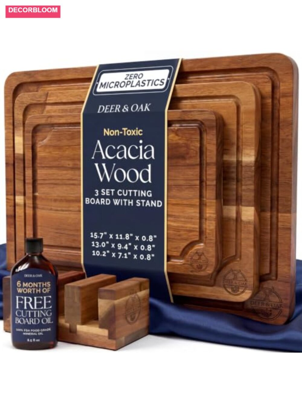 3-Piece Acacia Wood Cutting Board Set with Stand Non-Toxic Pre-Oiled